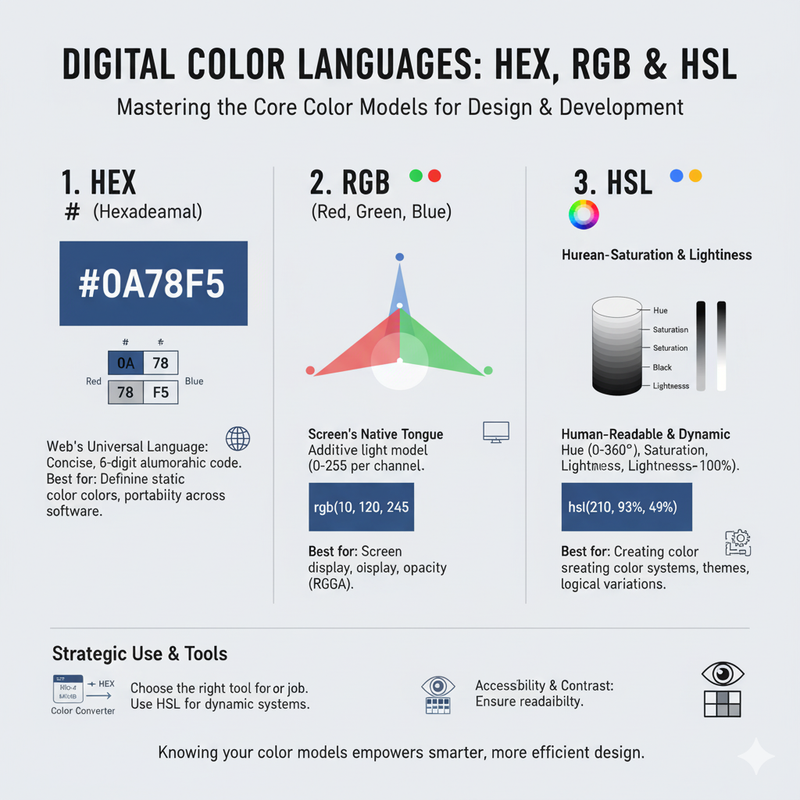 An infographic comparing RGB, HSL, and HEX color models