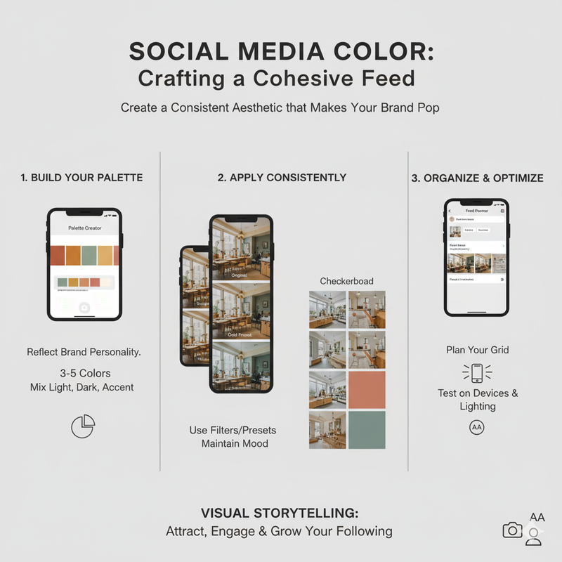 A grid of social media posts with a cohesive color palette