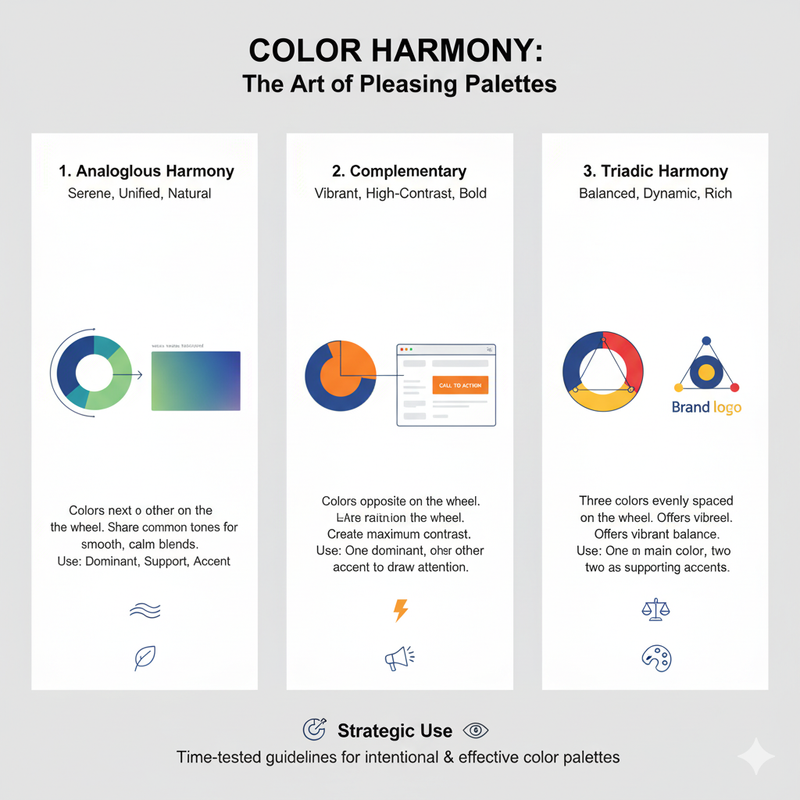 A color wheel showing analogous, complementary, and triadic relationships
