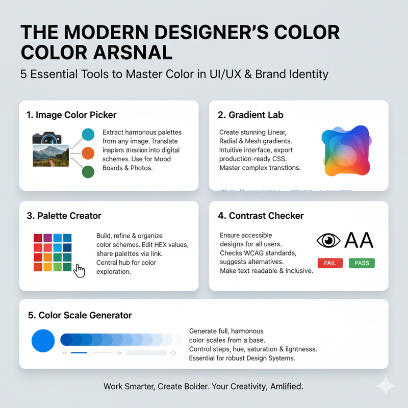 A designer's desk with a tablet showing various color utility tools