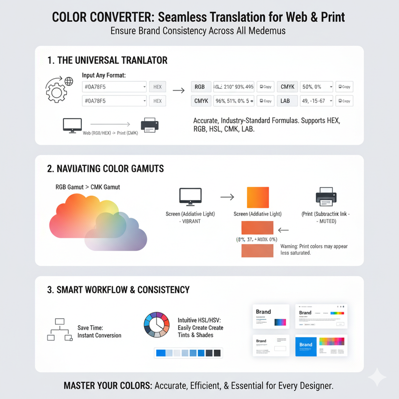 Arrows showing conversion between HEX, RGB, and HSL
