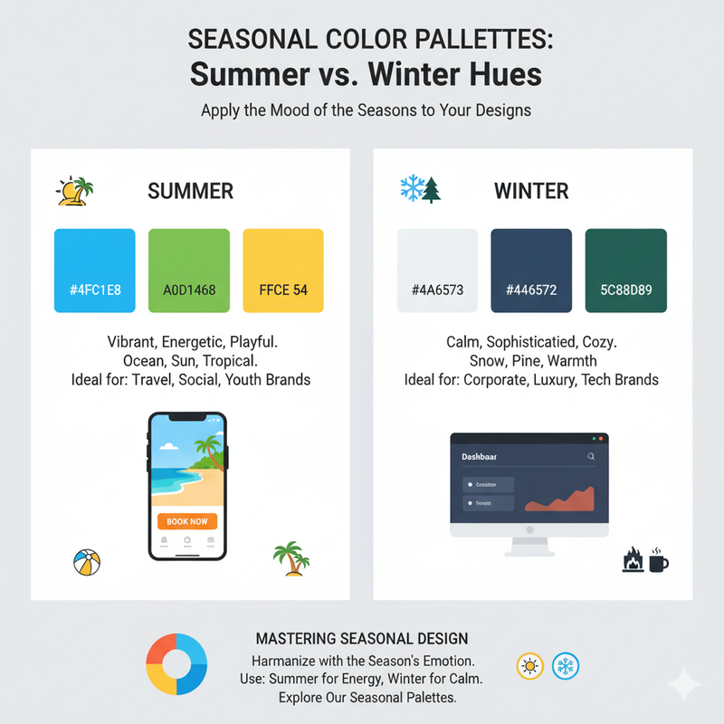 A split image showing a summer beach and a winter forest